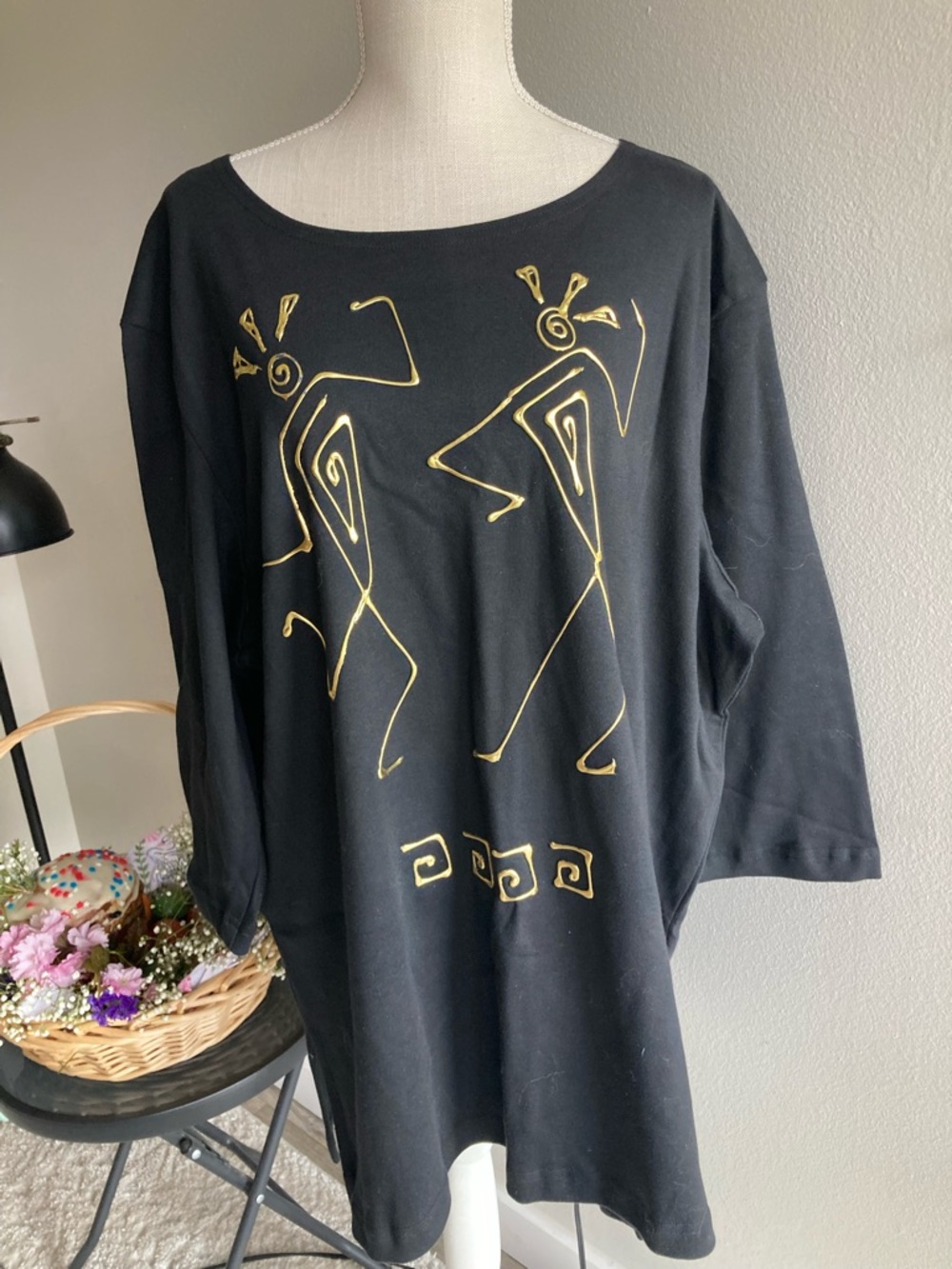 Melissa Black Tunic Top with Gold Abstract Figures